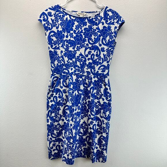 Boden Florrie Jersey Dress Knit Pocket Blue White 4 Cap Sleeves - Picture 3 of 12